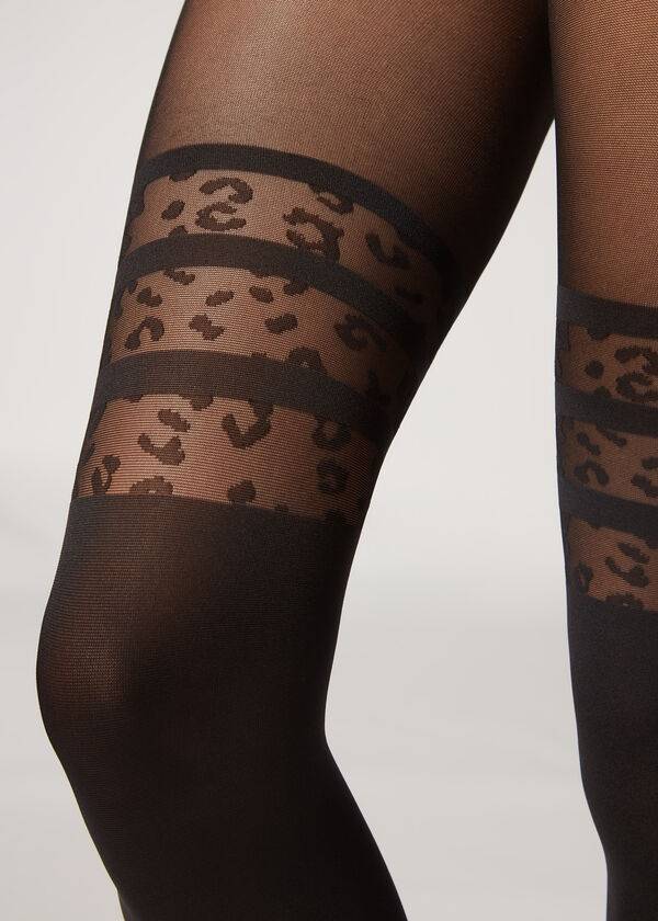 Mallas Calzedonia Longuette-Effect Animal-Print Patterned Mujer Negras | CL1110XF