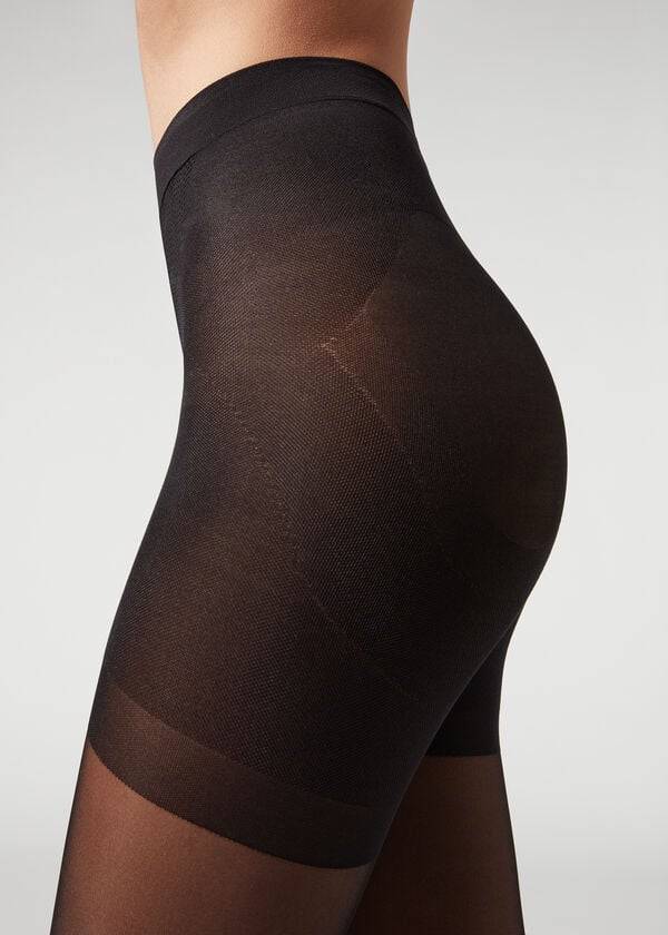 Mallas Calzedonia Longuette-effect Total Shaper Patterned Mujer Negras | CL1112VD