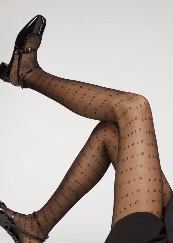 Mallas Calzedonia Sheer 30 Denier Support Text Patterned Mujer Negras | CL1131HK