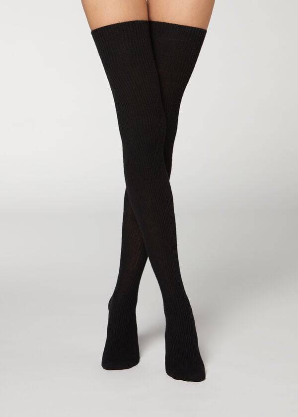 Medias Calzedonia Thigh High Socks with Open Knit Lana Mujer Negras | CL1270NB