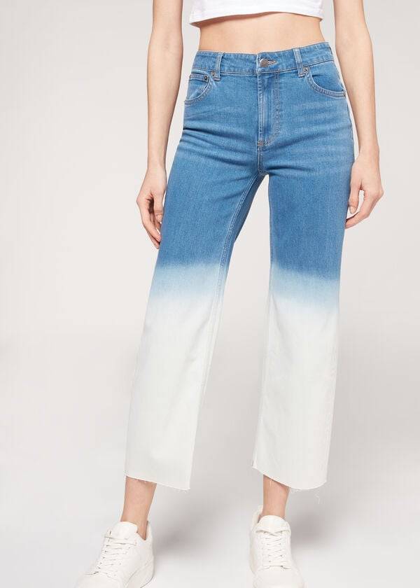 Pantalones Calzedonia Cropped Directo-Leg Mujer Azules Blancas | CL2726WY