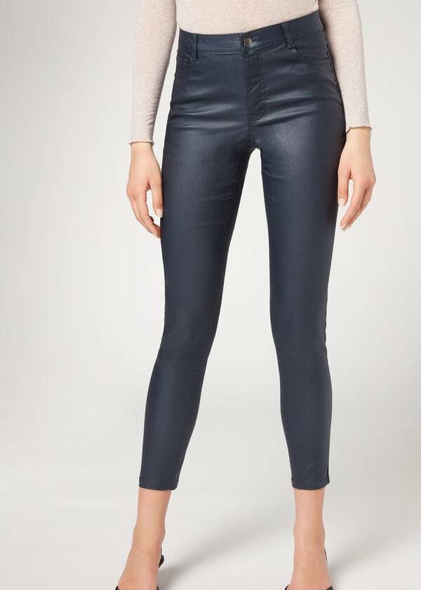 Pantalones Calzedonia Faux Cuero Flaco Mujer Azul Marino | CL2728MA