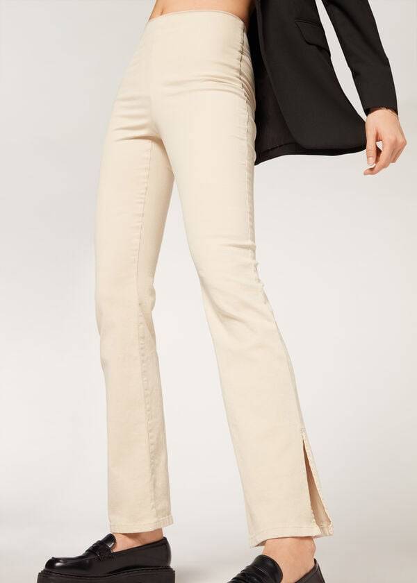Pantalones Calzedonia High-Cintura Flared in Denim with Slits Mujer Marrones Beige | CL2732CE