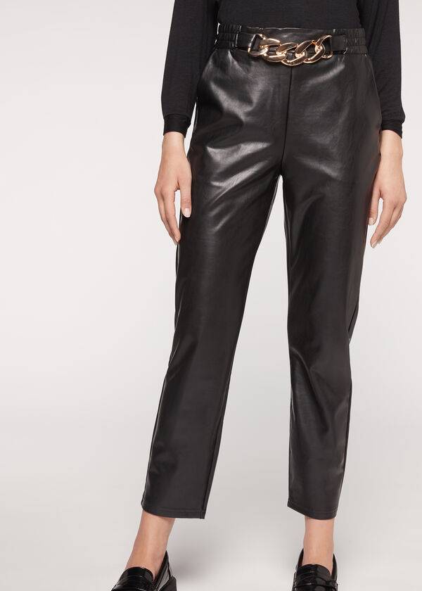 Pantalones Calzedonia Thermal Coated Effect with Chain Trim Mujer Negras | CL2742SO